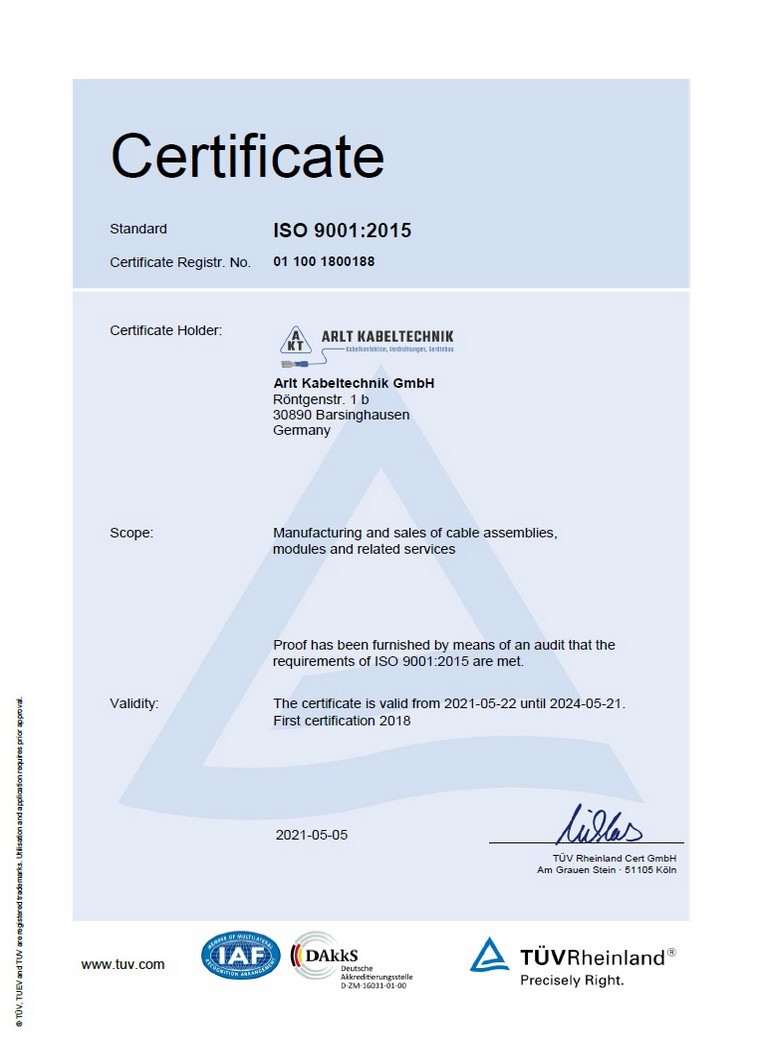 Arlt Kabeltechnik, ISO 9001:2015 Certificate English, TÜV Rheinland, 2021